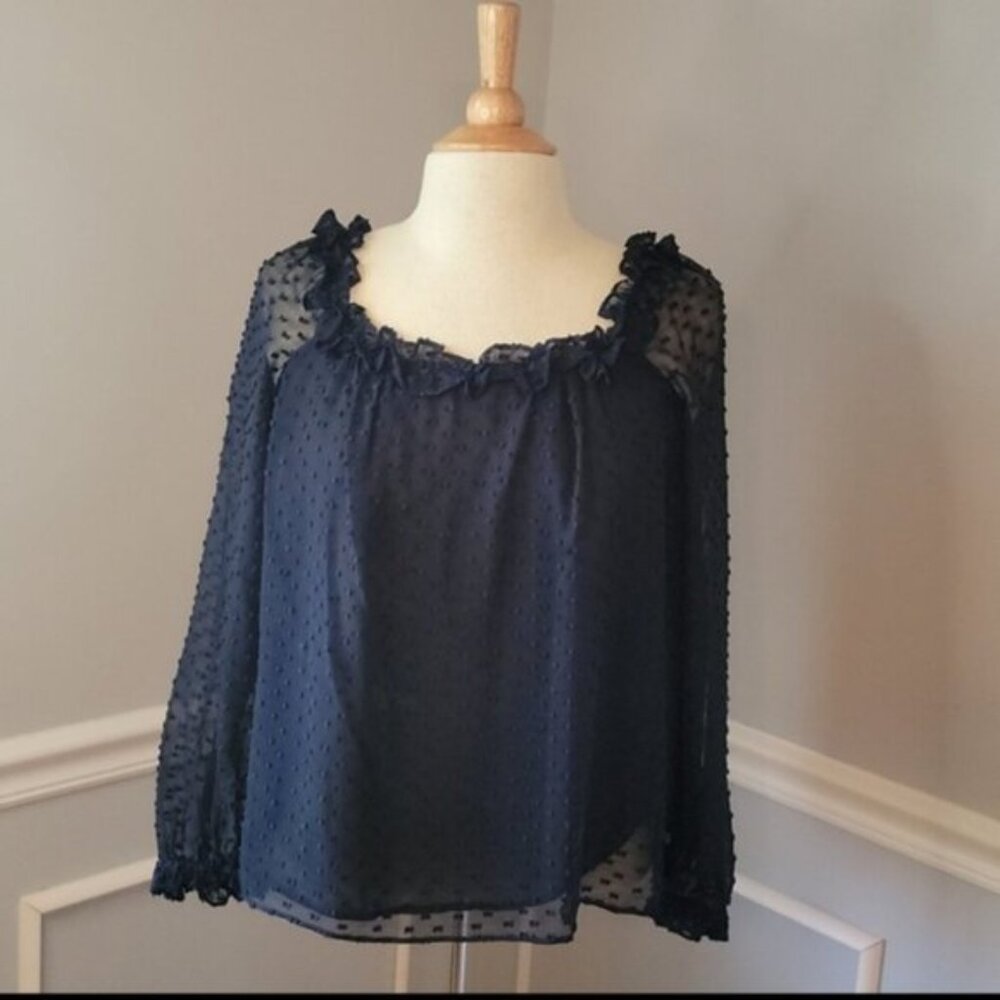 J.CREW Navy Blue Silk Blend Swiss Dot‎ Ruffle Scoop Neck Sheer Sleeve Blouse S
